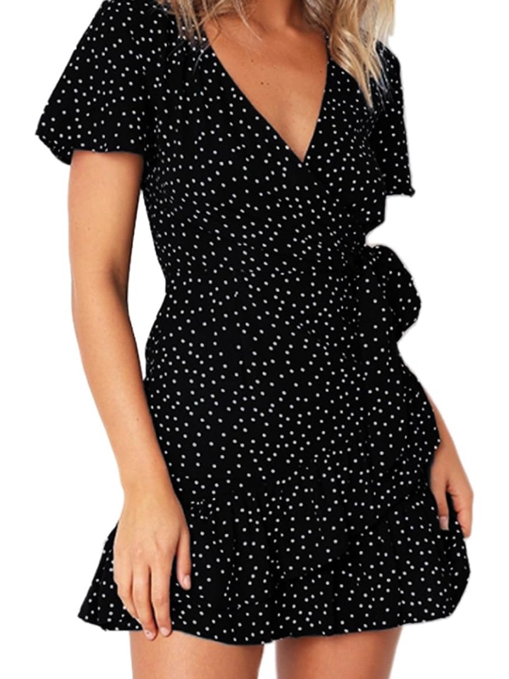 Polka Dot V-Neck Tie-Waist Black Mini Dress